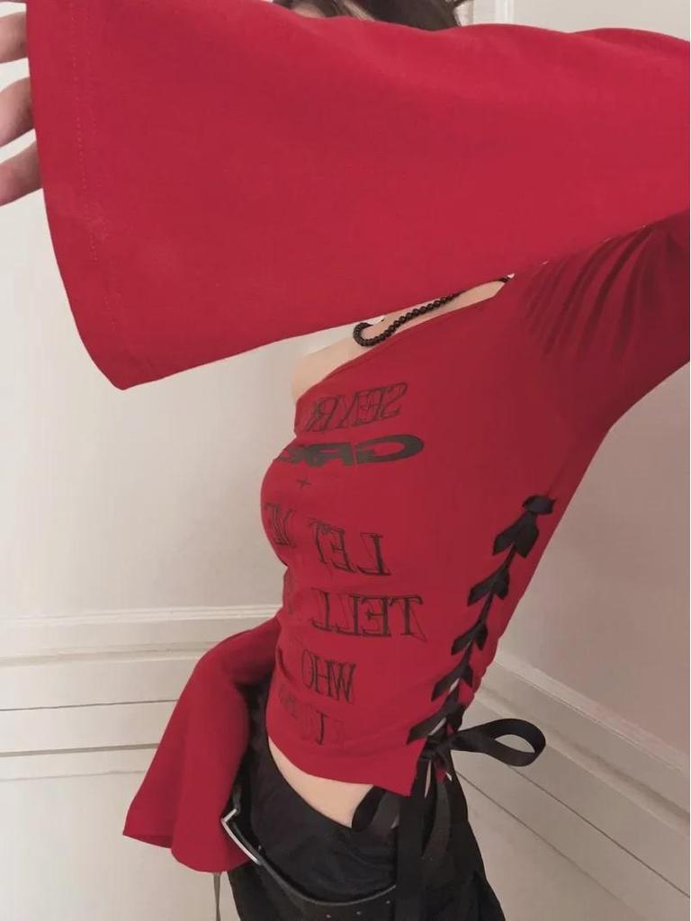 Women's Off-Shoulder Tie-Strap Long-Sleeve Top