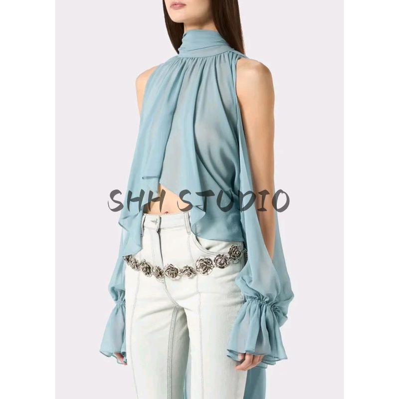 Summer New Product Women's Clothes French Asymmetrical Design Stand Collar Strap Ribbon off-Shoulder Loose Chiffon Long Shirt