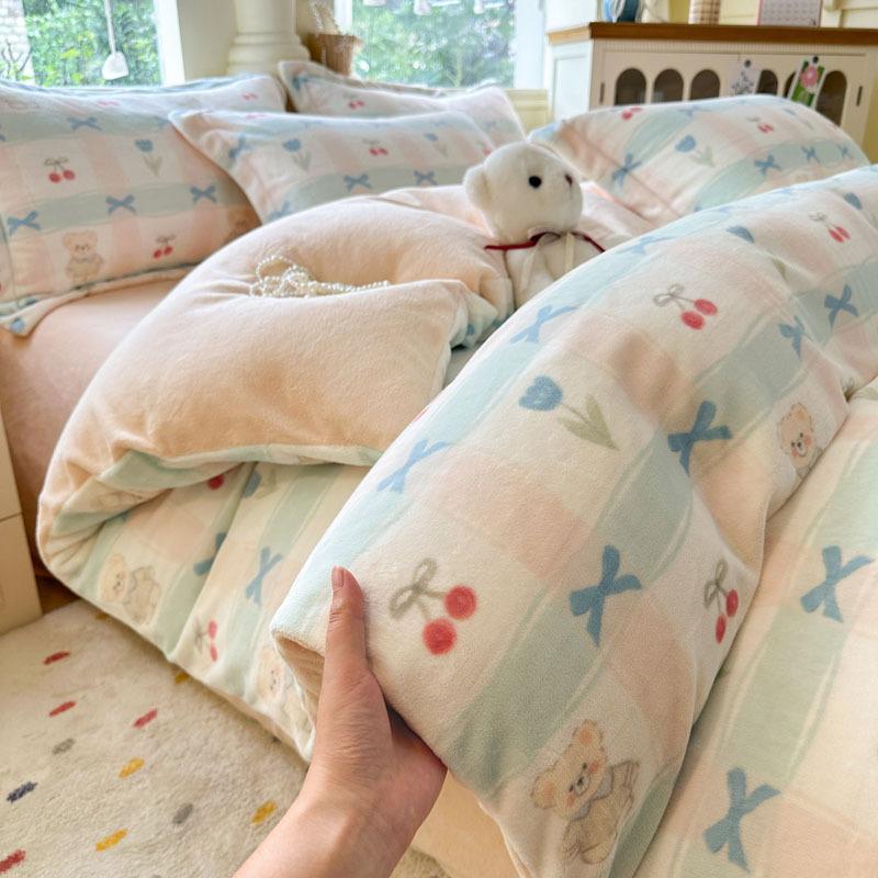 

Pastoral Thickened Milk Fleece Four-Piece Set Farai Fleece Quilt Cover Student Dormitory Fleece Anti-Static Three-Piece Set Sheet 1.2 3pc- quilt cover 150x200