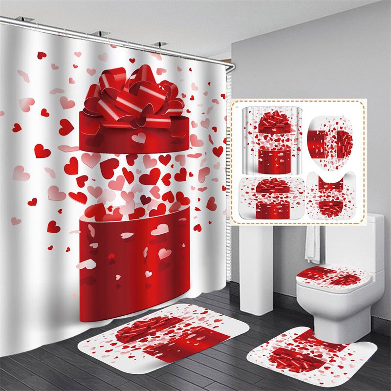 Valentine's Day Bathroom Bathing Waterproof Shower Curtain Home Entrance Doormat Bathtub 4Pcs Set Toilet Seat Cover Rugs Bath Non-Slip Floor Mat Love
