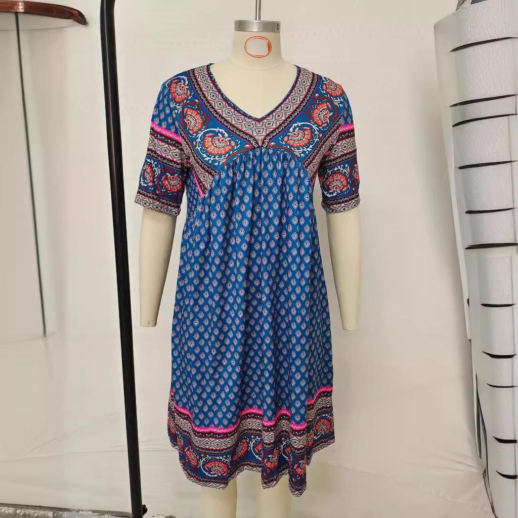 VEZFAA Damenmode Sommer Frühling Einfarbig Druck Kurzarm V-Ausschnitt Lose Taille Freizeitkleider