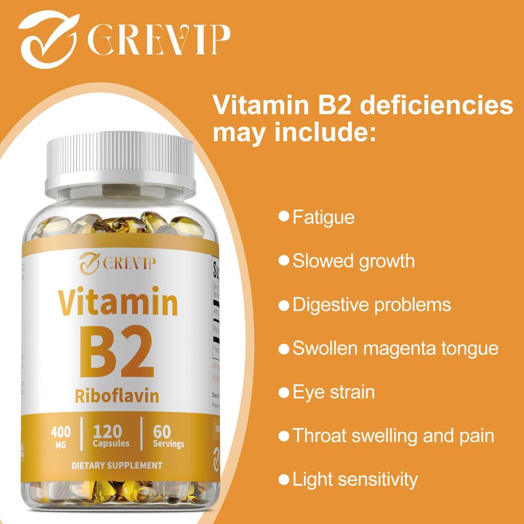 GREVIP Vitamin B2 Riboflavin, 400 mg per serving, supports energy and metabolic health, non-GMO.