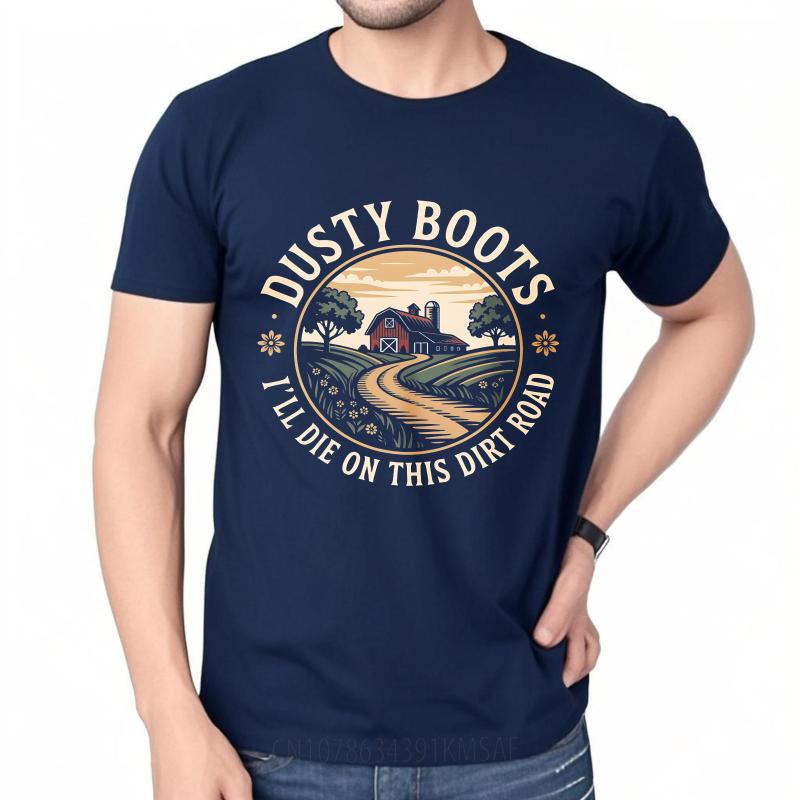 

Plus Size Summer Man Tshirt Dusty Boots Farm Scene With Red Barn And Dirt Road Short Sleeve Soft Oneck Top Tees Cotton Tshirt 4XL