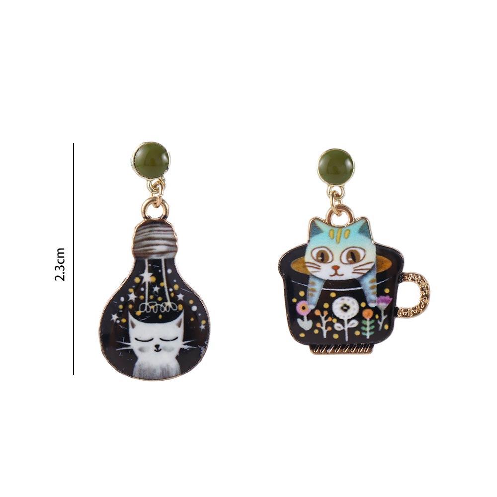 Fashion Asymmetric Cute Enamel Zinc Zinc Alloy Stud Earrings Animals pendants earrings Cup Cat Light Bulb Cat