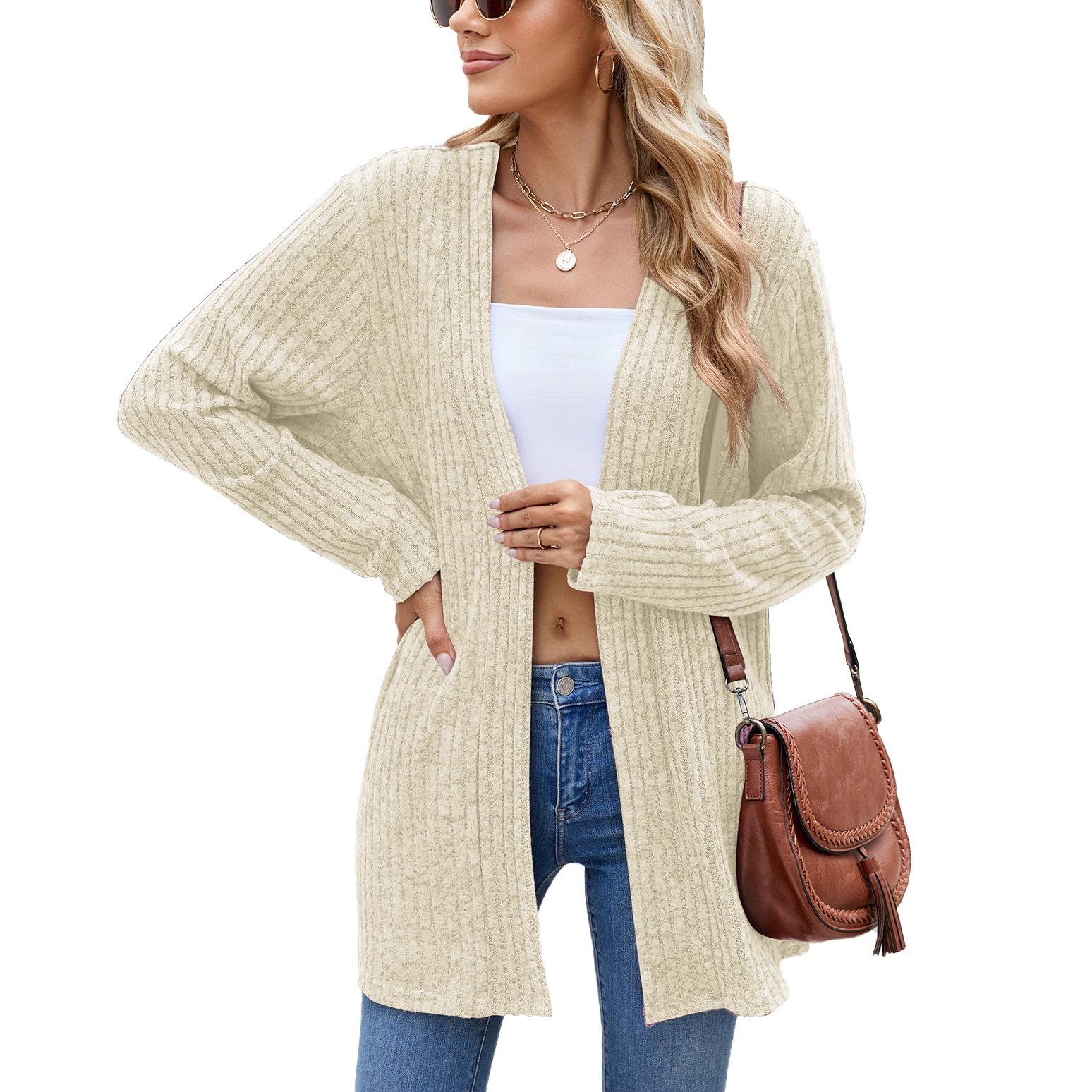 

Осень и зима Новый однотонный шерстяной кардиган с длинными рукавами и полосками Повседневный кардиган Куртка Длинный кардиган Женские топы Свитер Kawaii XXL