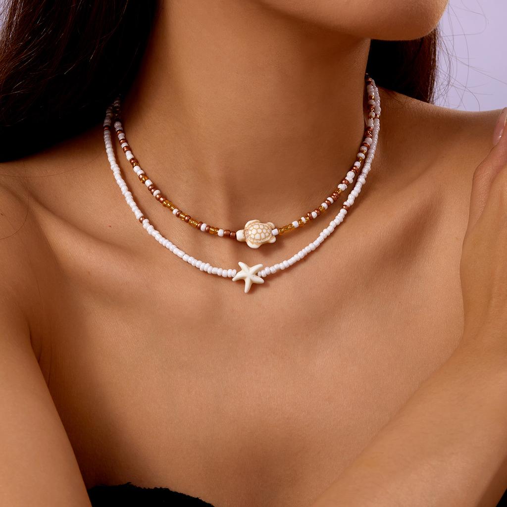 Bohemian Mixed Color Rice Beads Starfish Pendant Necklace for Women Double Turtle Chain Clavicle Necklace Summer Travel Jewelry