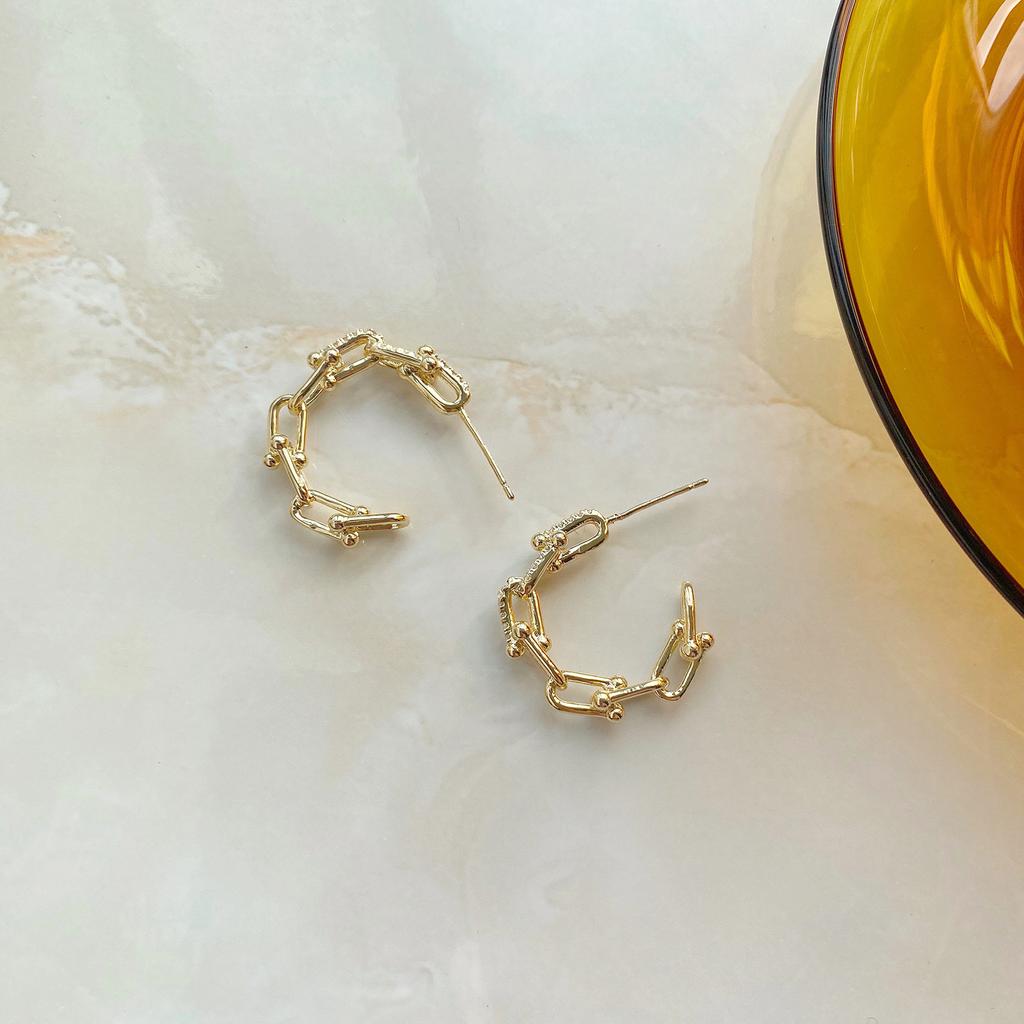 Joyería de Moda Oro Real 14K Zirconia AAA Pendientes de Aro Generosa Cadena en Forma de C Pendientes Huecos para Mujer para Uso Diario