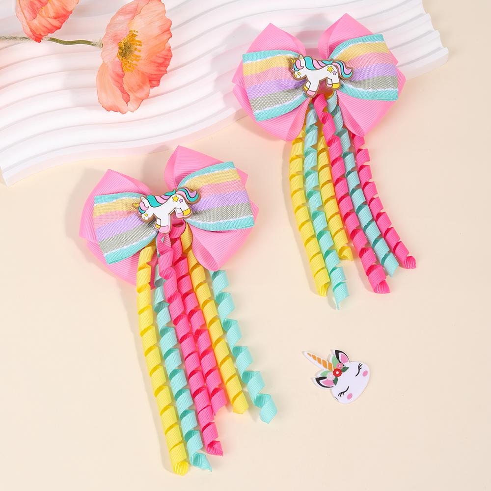 2Pcs Cartoon Unicorn Hair Clip Ribbon Bow Hairpin With Tassel Sweet Cute Pink Hairpin For Girls Children's Accesories Headwear
