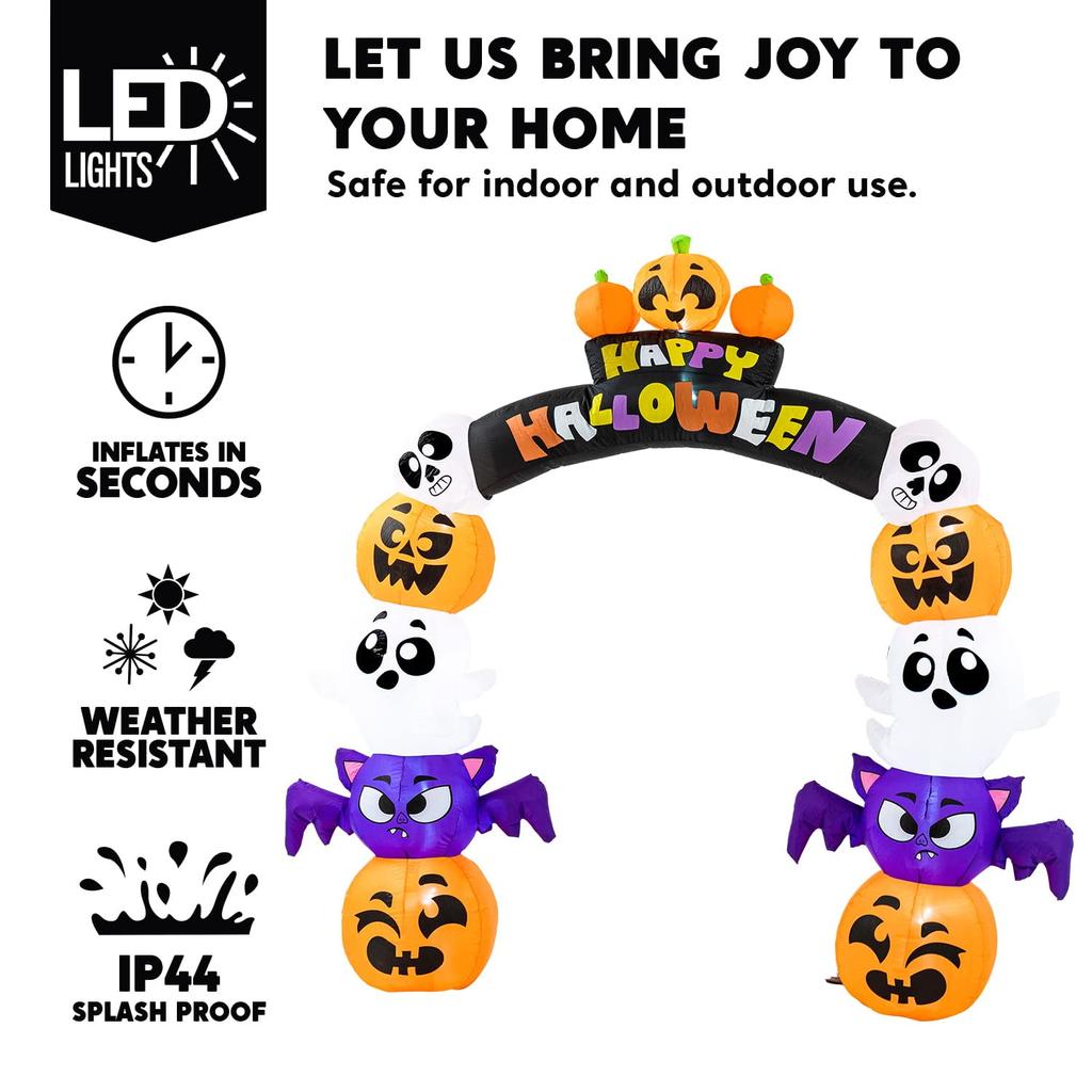 Joyfy 8 Ft Halloween Inflatable Archway Stacked Pumpkins Archway Bat Inflatable with Build-in LED for Halloween Decorations