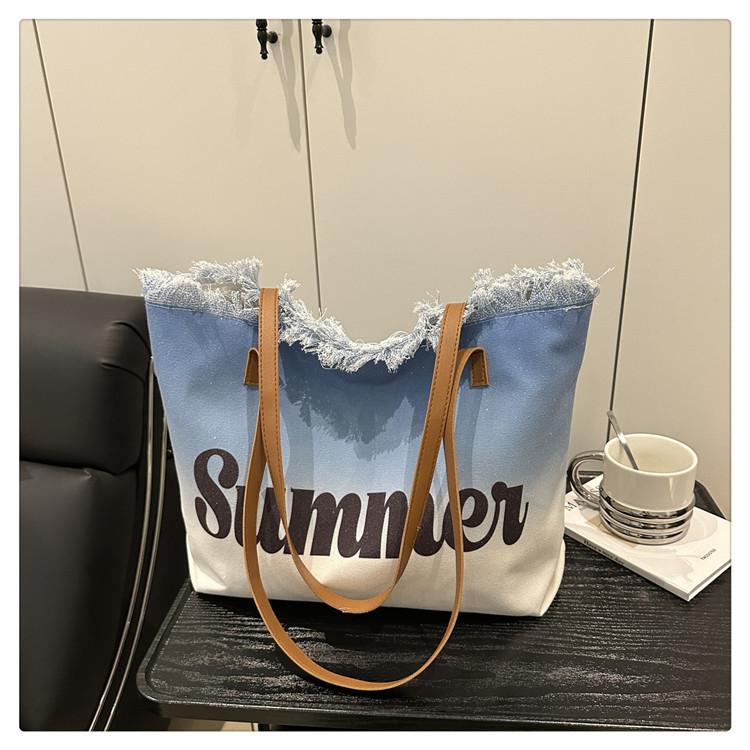 Summer Large Capacity Women Canvas Shoulder Bags Casual Tassel Design Ladies Beach Tote Bag Ctrast Color Letter Female Handbag