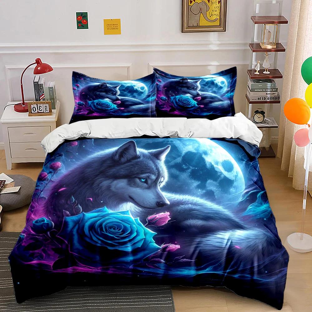 New Arrival! Wolf and Rose Print Bedding Set for Wolf Totem Lovers 1 Quilt Cover 2 Pillowcases Adult and Kids Bedding Set Gifts
