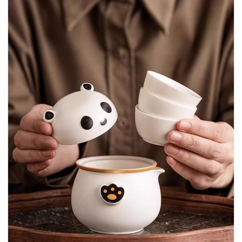 Panda Outdoor Travel Tea Set Chinese Ceramic Teapot Teacup Portable One Pot Three Cups