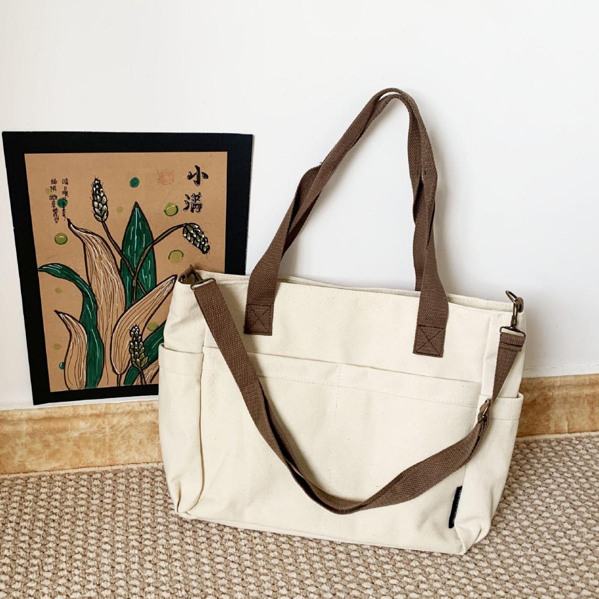 

Thickened Multi Pocket Commuting Tote Canvas Bag, Casual Student Computer, Simple Handheld, Shoulder Slung Backpack