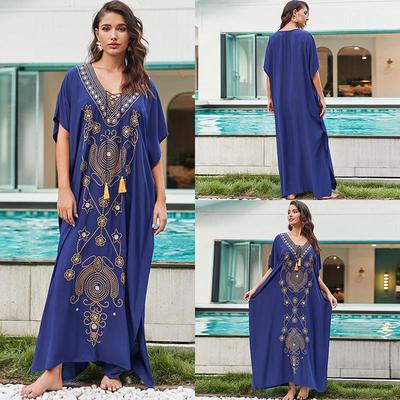 2023 European & American Embroidered Cotton Beach Cover-up Dress Plus Size