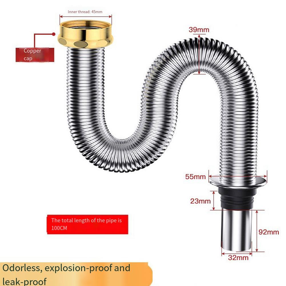 Basin Drainage Pipe Bathroom Drain Pipe 80/100cm Stainless Steel Kitchen Sink Drain Pipe Siphon Waste Drain Flexible Pipe Hose