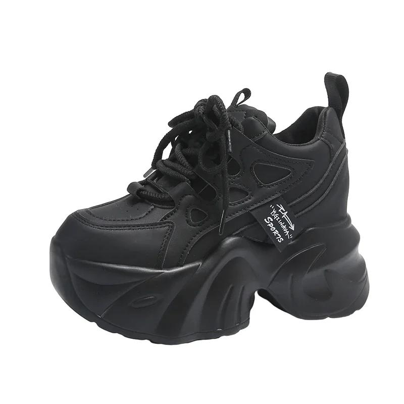 Fashion New Spring Autumn Non-slip Chunky Sneakers Women Lace-up High Platform Leather Sports Dad Shoes 7CM Heels Casual Shoes Woman