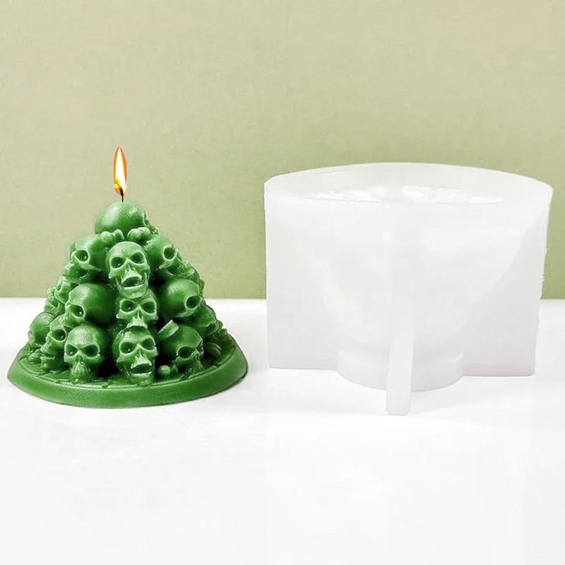 A Bunch of Skull Candles Silicone Mould 3D Pyramid Skull Crafts Resin Plaster Cement Soap Mold Halloween Decorating Gifts