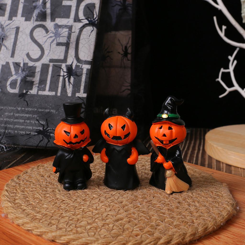 Material Halloween Resin Demon Miniature Figures Decor Set With Broom Pumpkin