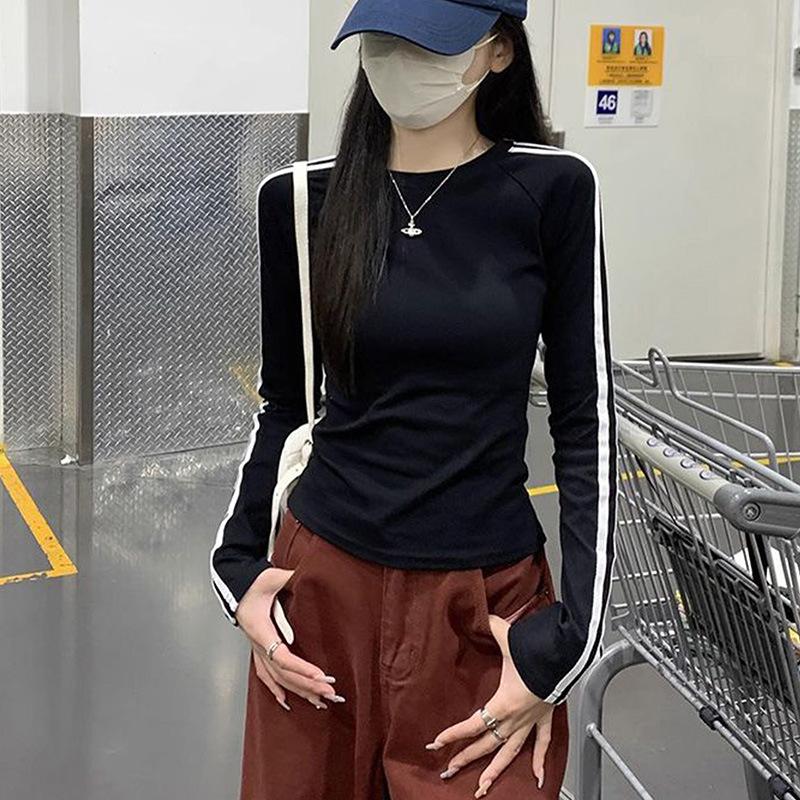 Top de bază cu mânecă off-the-shoulder pentru fete, pentru toamnă și iarnă, Tricou cu mânecă lungă, slim și subțietor, pentru femei, cu dungi