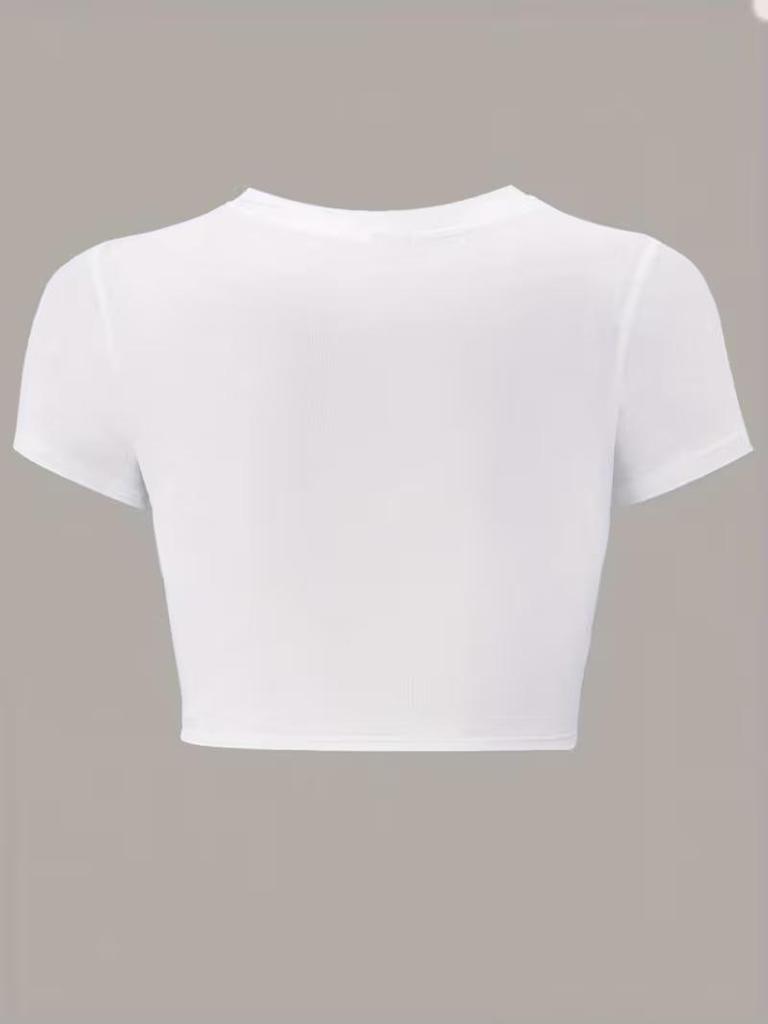 European & American Style Butterfly Print Black Cropped T-shirt - Women's Slim Waist Round Neck Top