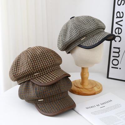 Retro Plaid Octagonal Beret Cap Women'S Vintage Newsboy Hat - With Visor Warm Baker Style Winter Fashion Headwear New