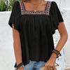 Women Spring Summer Holiday Lace Embroidered Square Neck Pullover Shirt Lotus Leaf Short Sleeve Backless Blouses S-XL