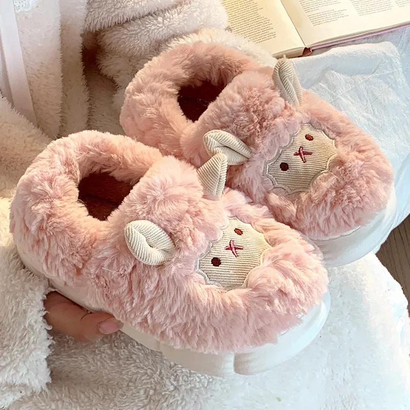 Slippers for Women Cute Cartoon Lamb House Comfortable Soft Sole Fluffy Cotton Shoes Woman Winter Warm Plush Indoor Slippers