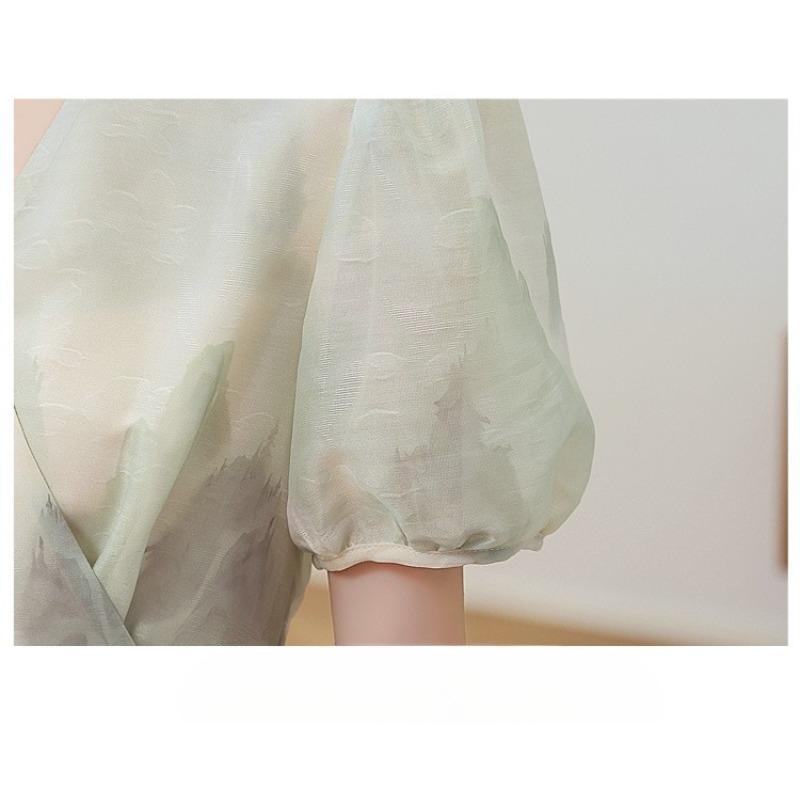Fashion High Waist Summer Dress Floral Print Chinese Style Midi Short Sleeve