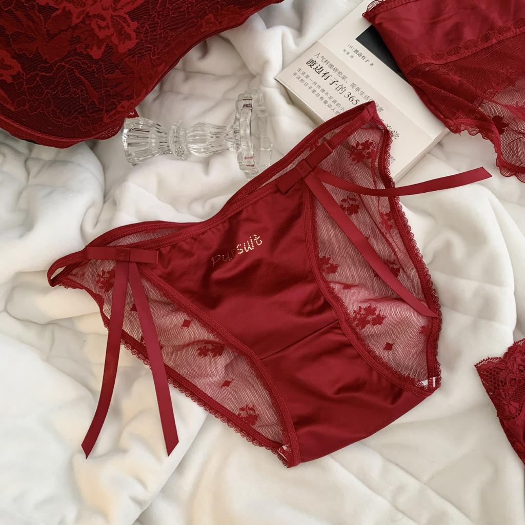 Ladies Spring and Autumn Bow Lace Mesh Cotton Crotch Ice Silk Quick Dry High Split Low Waist Briefs