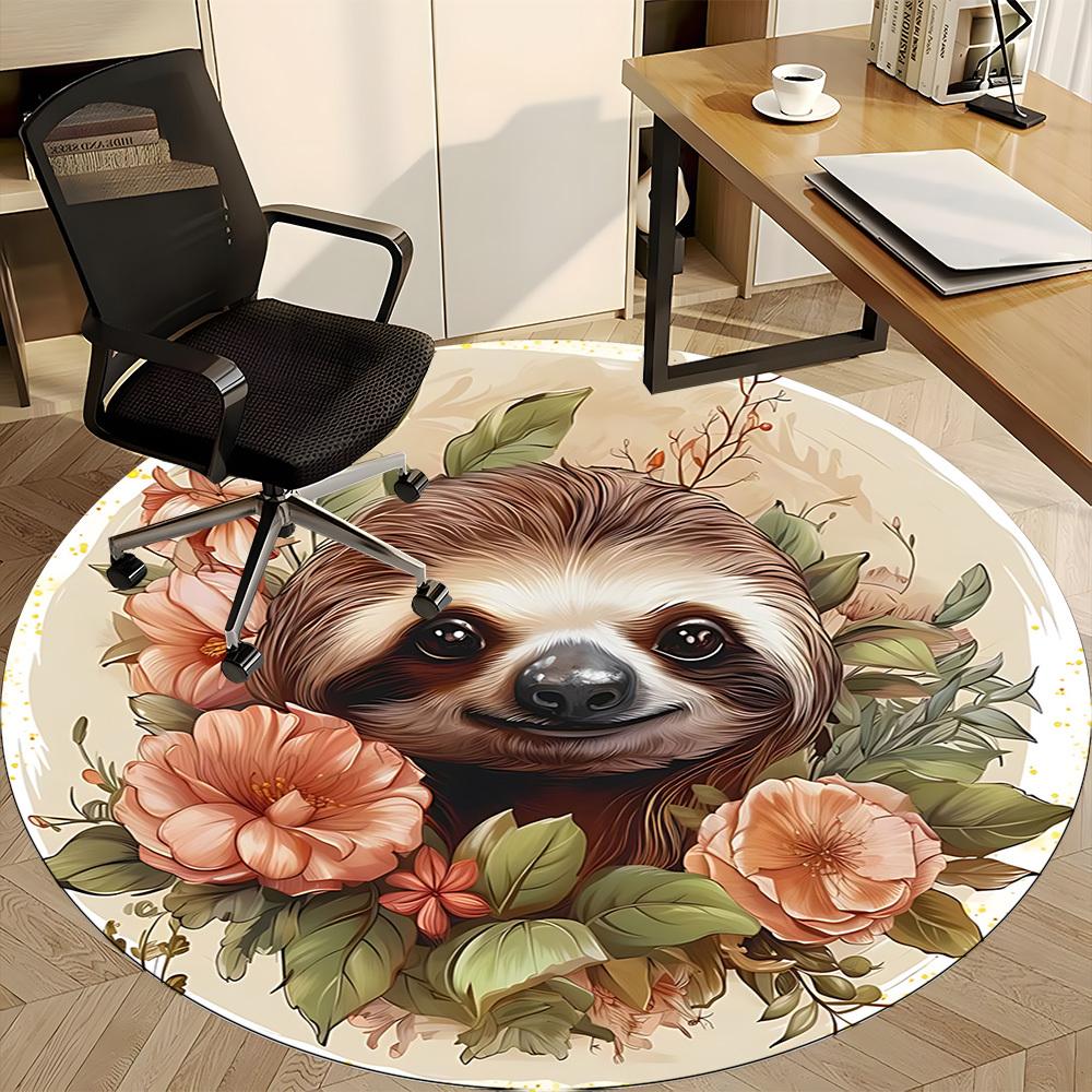 1pc Sloth Floral Print Carpet for Office Non-Slip, Round Carpet, Soft & Comfortable, Carpet for Office, Lightweight Round Floor Mat