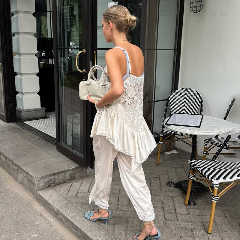 Casual Loose Lace Vest Women See Through Sexcay T Shirt Top V Neck Splice Hot Girl Summer Casual Party Commuting Tanks