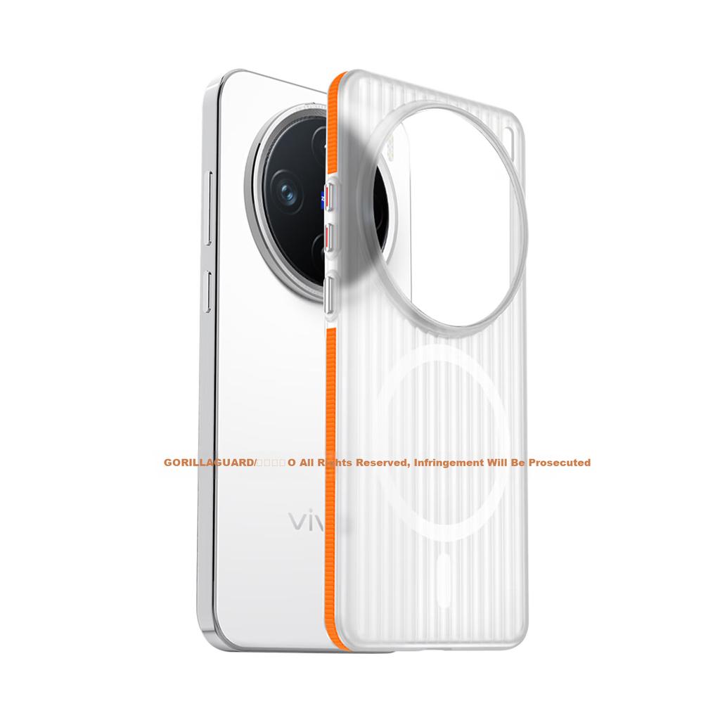Premium Anti-Fingerprint Magnetic Corrugated Phone Case for Vivo X200 Pro Mini, Ultra-Thin Luggage Strip Striped Frosted Transparent, Simple Orange