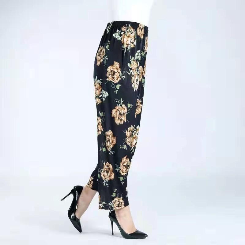 Pantaloni largi din mătase de gheață de vară pentru femei, cu imprimeu floral, pantaloni tăiați ocazional, elastici cu talie înaltă, de dimensiuni mari