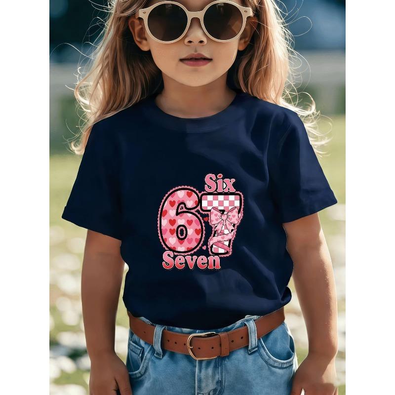 European sizes Pink Heart-Patterned Number 67 T-Shirt for Girls and Boys - Comfortable Casual Round-neck Design