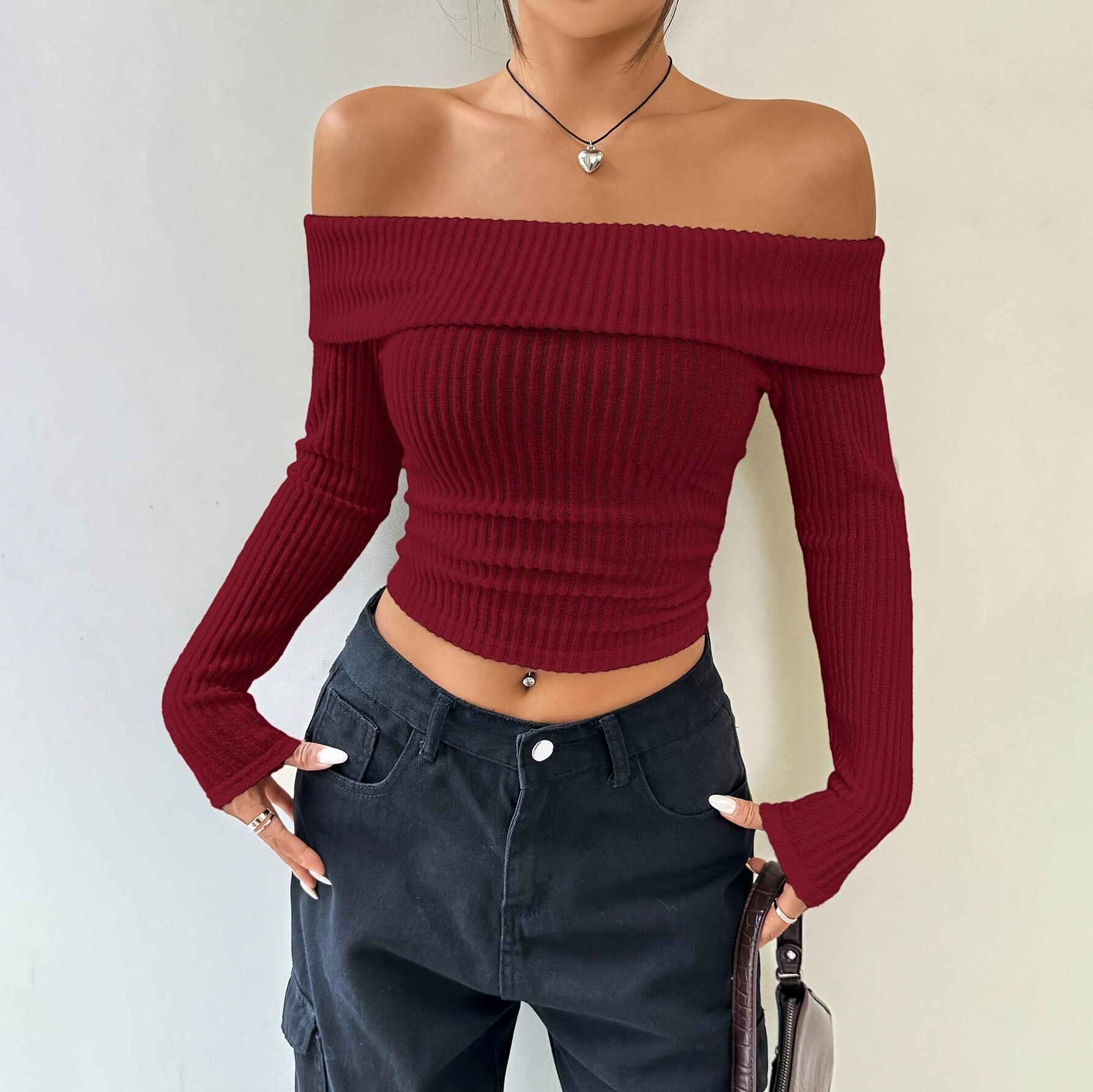 

Трикотажная женская укороченная футболка с открытыми плечами и длинным рукавом, повседневный свитер в рубчик S