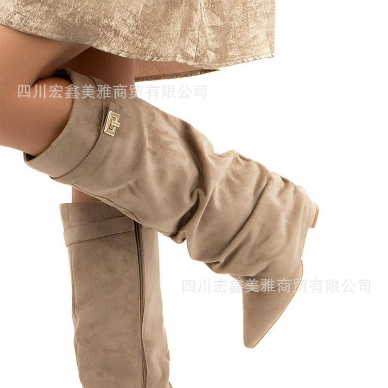 2025 women's shoes pointed straight pleated metal buckle medium long boots large size thick heel trouser tube boots