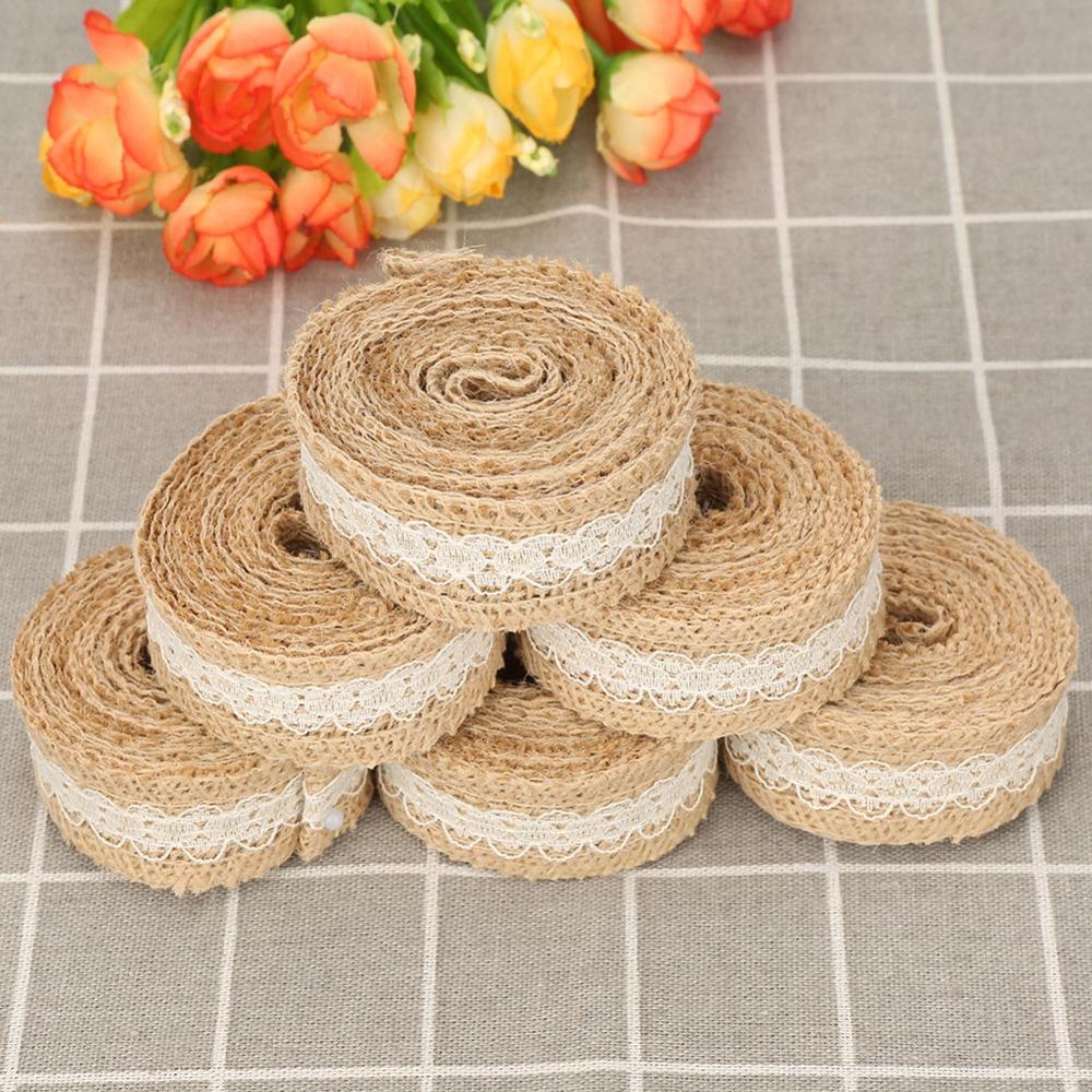 6pcs 2M/Roll Burlap Rolls White Lace Yellow Jute Hessian Jute Ribbon Rustic Style Decorative Ribbon Burlap Lace Ribbon
