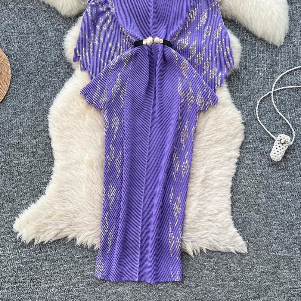 Jarní podzimní dámské elegantní 3D květinový tisk Miyake s přehybem a netopýřím rukávem, nadměrné volné skládané šaty s páskem