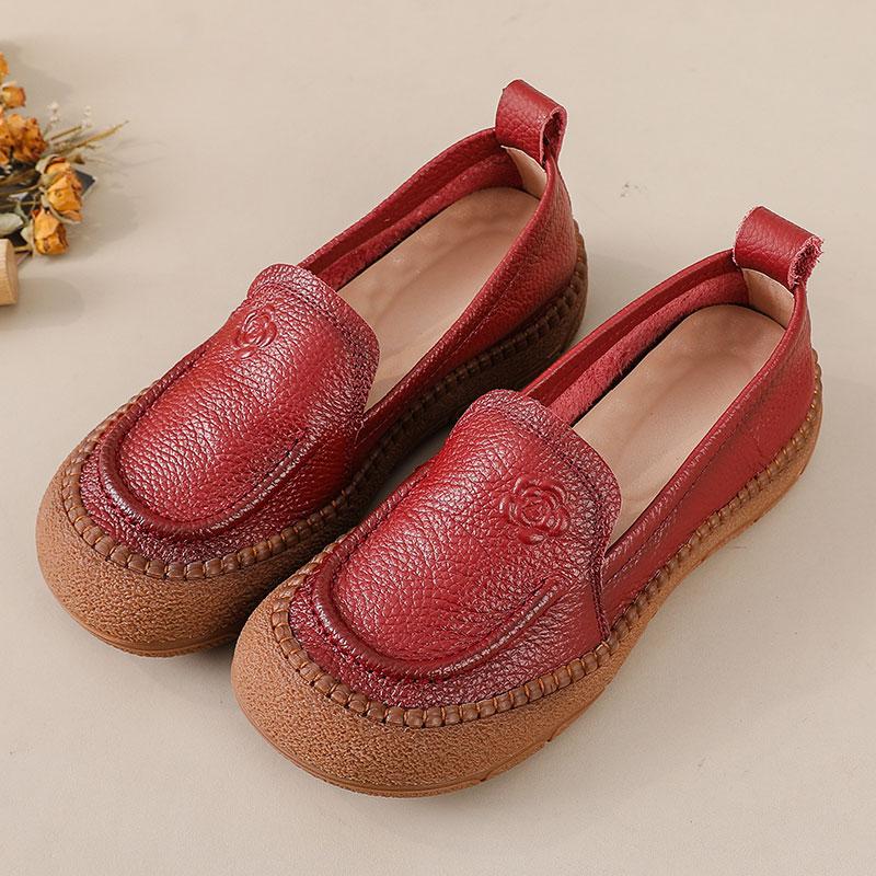 Dámské retro mokasíny z pravé kůže s kulatou špičkou, protiskluzové baleríny, měkké každodenní pracovní a volnočasové vycházkové boty, boty pro matku