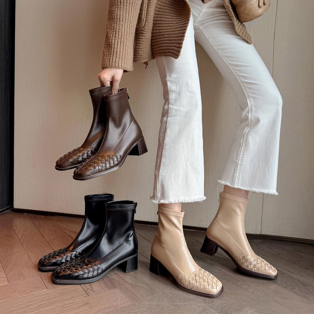 Fashion 2025 Fashion Women Shoes Genuine Leather Short Boots Square Toe Chunky Heel Winter Stretch Modern Women Boots Solid High Heels