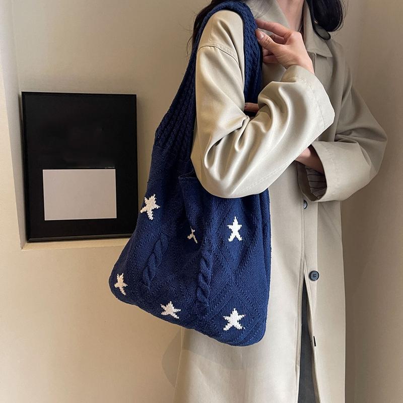 Star Knit Women's Bag New Knitted Eco Shopper Bag Crochet Rope Shoulder Bag Female Knitting Handbag Vintage Tote Bag AVE