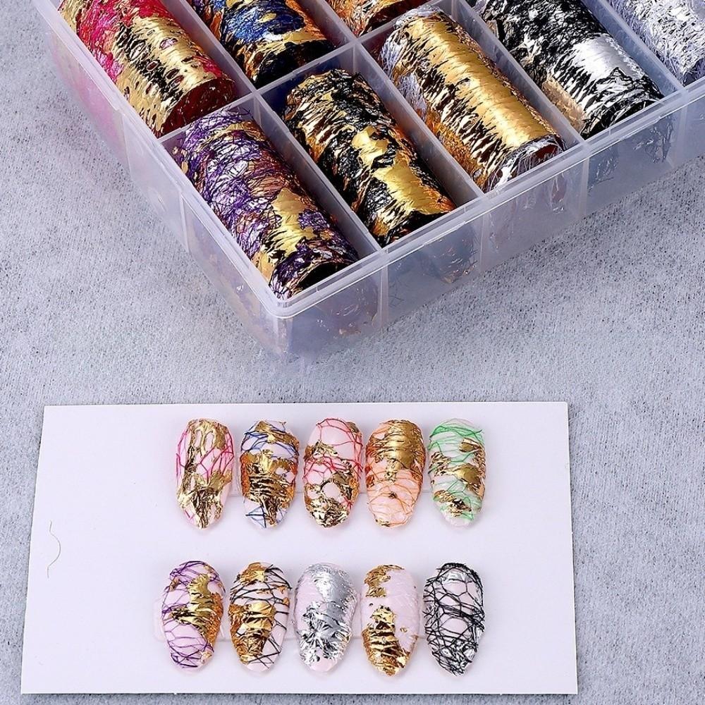 10 Rollen/Box Nagelsticker Decals 3D Gold Silber Aluminiumfolien Papier Floral Chamäleon Nail Art Dekorationen für Maniküre Dekoration