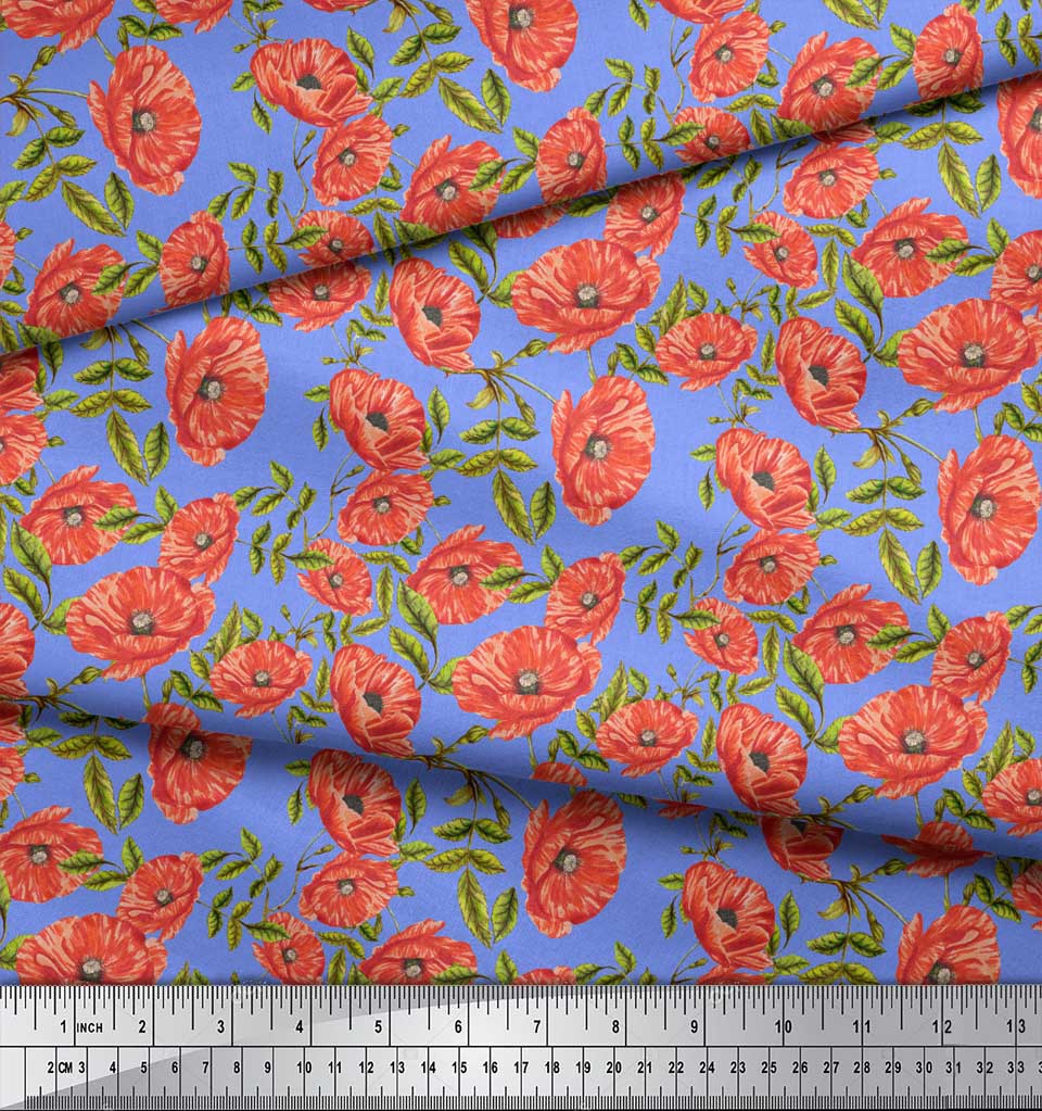 Soimoi Blue Japan Crepe Satin Fabric Leaves & Poppy Floral Print Sewing Fabric metre 42 Inch