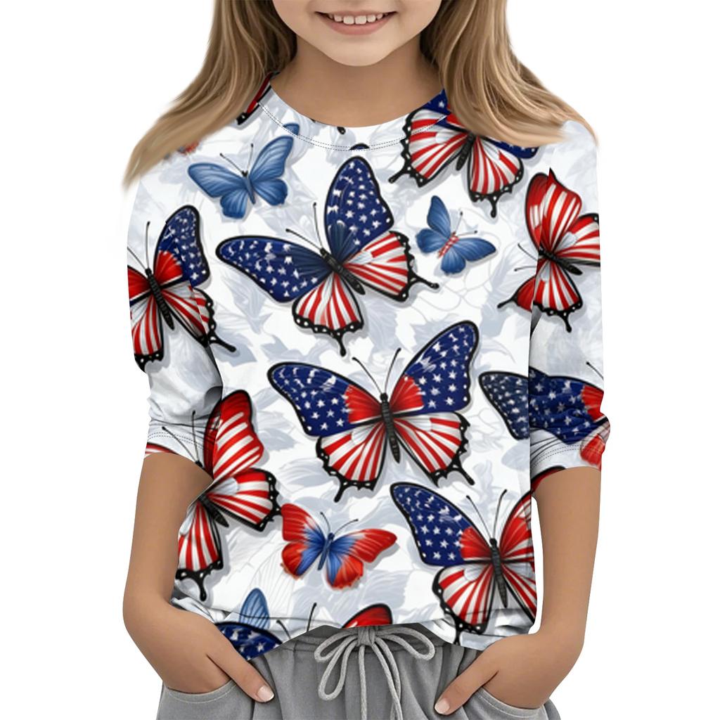 Children's Independence Day Printed Round Neck Seven Quarter Sleeve Casual T-shirt