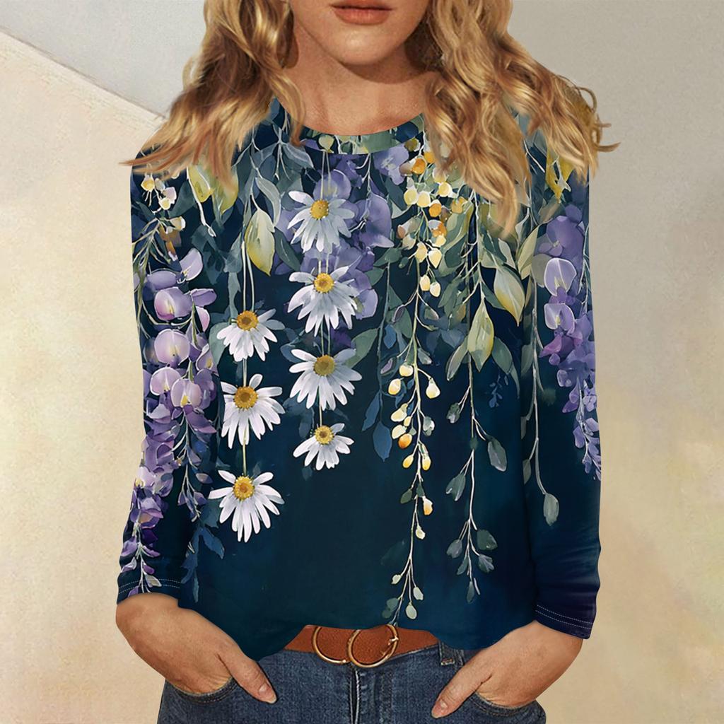 Dámská móda Květinový potisk Krk Dlouhý rukáv Pulovr Top