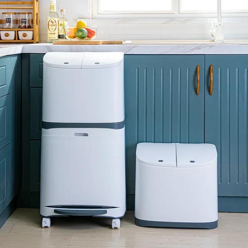 Double-Layer Pedal Trash Bin Kitchen Garbage Dry Wet Separation Covered Containers Living Room Waste Organizer
