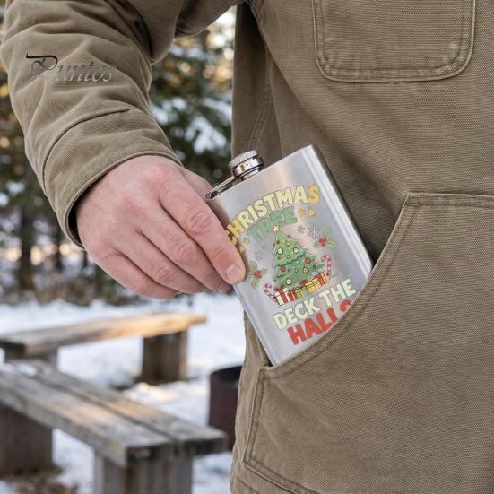 Festive Patterned Drinking Cup Beer Barrel Flask, 8oz Stainless Steel Oil Drum Shaped Flask with Small Gift for Christmas Prints Outdoor Camping Party