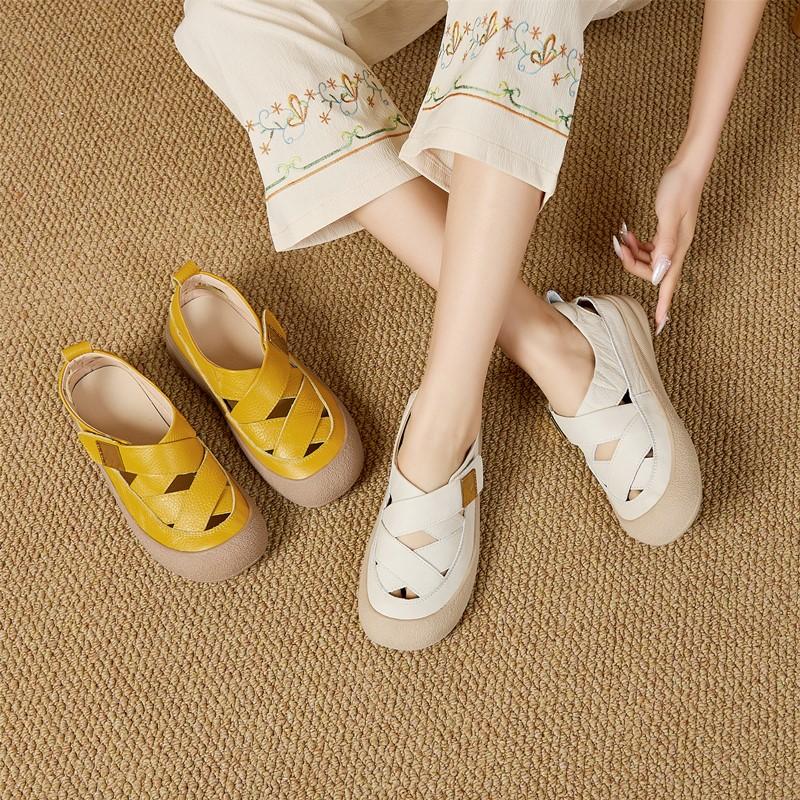 New Flat Women's Sandals Shoe Genuine Leather Woven Pig Cage Shoes Women Anti-slip Summer Hollow-out Female Shoes