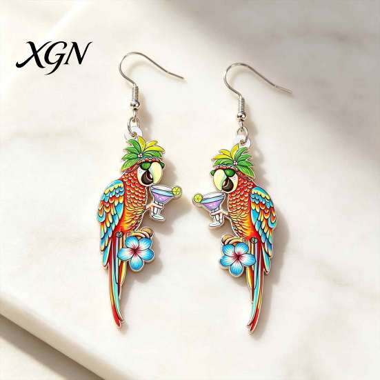 Fun Halloween Costume Jewelry 1 Pair Cute Acrylic Parrot Earrings, Tropical Animal Dangle Double Sided Full Color Earrings for Women, Summer