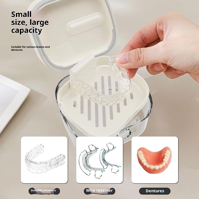 Aynalı Kapaklı 2'si 1 Arada Çok Katmanlı Protez Tutucu Kılıfı Temizlik Saklama Kutusu Temizlik Fırçası ile Sızdırmaz Ağız Ortodontik Kutusu